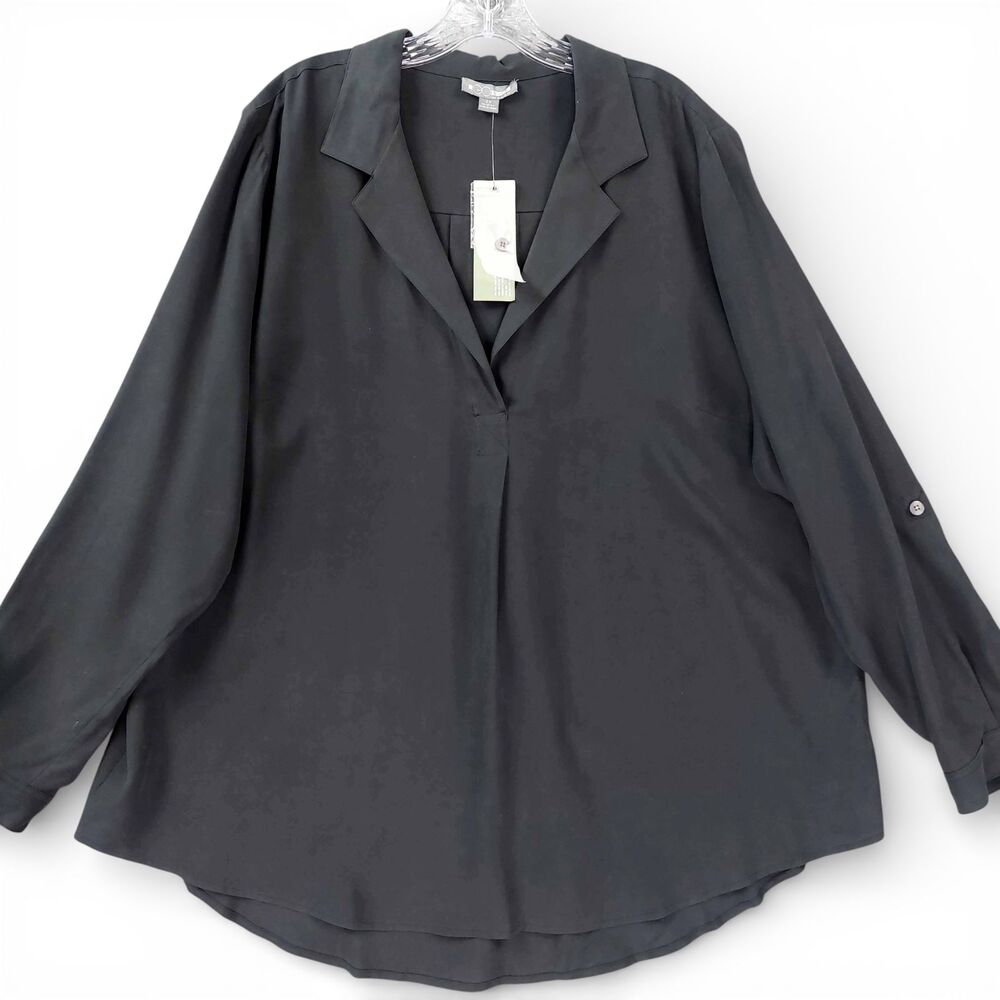 GO Silk Black Silk Blouse Top Sz 2X Plus Size Roll Tab Sleeve V-Neck Collared